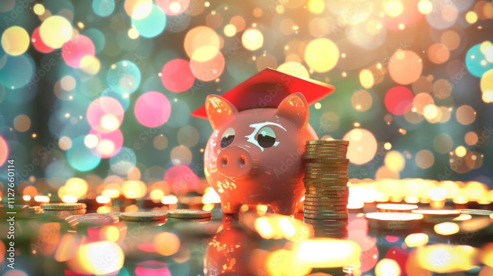 Piggy bank with graduation cap symbolizes saving for education and student loans.