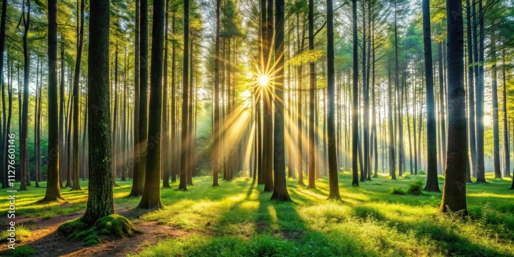 Beautiful forest panorama with large trees and bright sun , nature, landscape, scenery, trees, sunlight, outdoors Beautiful forest panorama with large trees and bright sun , nature, landscape, scenery, trees, sunlight, outdoors