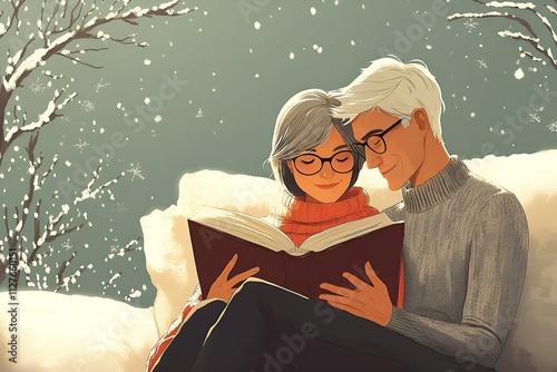 Elderly couple sitting closely together, reading a book on a snowy evening outdoors