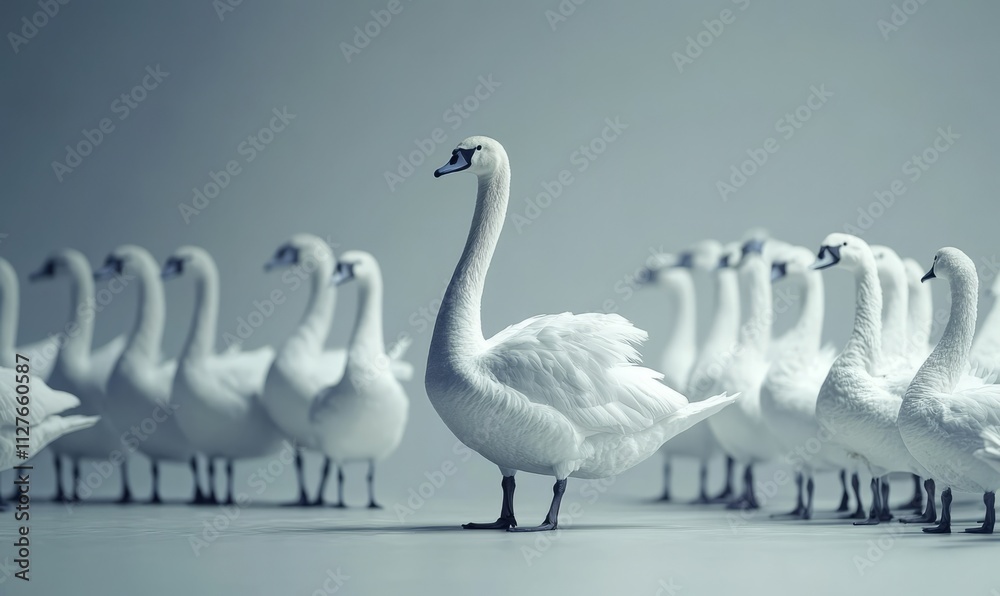 Fototapeta premium White swans, different leader identities, crowd leadership