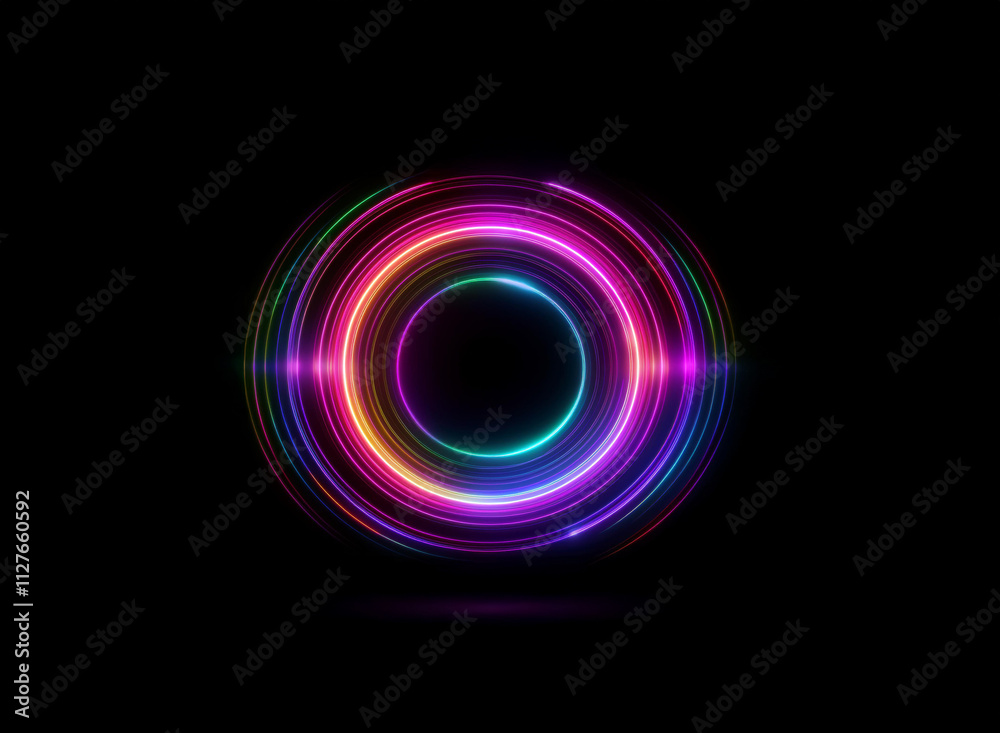 Vibrant, concentric neon circles glow against a black background, creating a mesmerizing, abstract light display. The rings exhibit a rainbow of colors and a subtle reflection below. Vibrant, concentric neon circles glow against a black background, creating a mesmerizing, abstract light display. The rings exhibit a rainbow of colors and a subtle reflection below.
