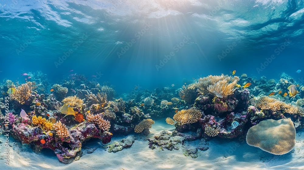 Fototapeta premium Vibrant Coral Reef Ecosystem Undersea Sunlight Scene