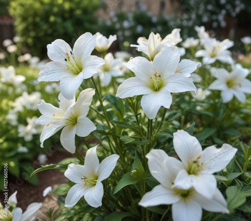 White platycodon grandiflorus in a summer garden with selective focus, flowering plants, care, focus on blooms
