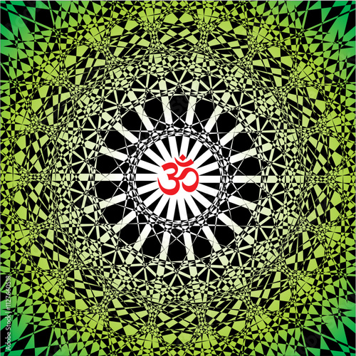 Openwork green elegant mandala on a black background. The red sign aum, om, ohm in the center. Green and yellow colors. Vector graphics.