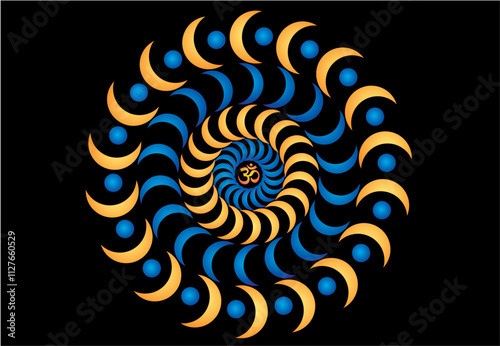 Openwork elegant mandala in blue and yellow-orange tones on a black background. The sign aum, om, ohm in the center. Vector graphics.