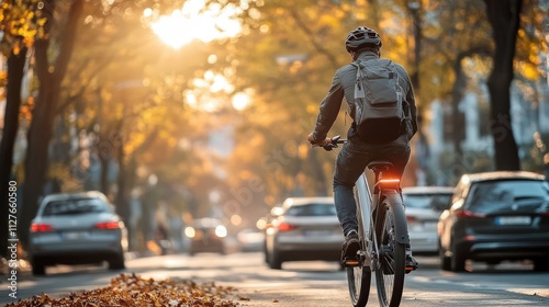 A man on a bicycle, wearing an orange jacket and a helmet, rides through a city street at sunset
