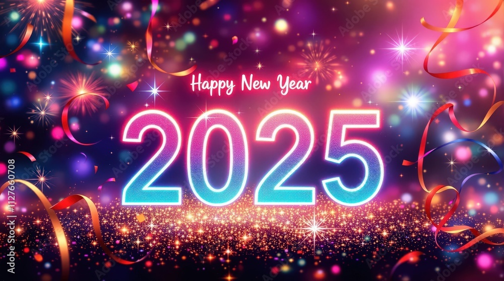 Shimmering 2025 New Year Graphic with Glittering Fireworks and Festive Streamers Shimmering 2025 New Year Graphic with Glittering Fireworks and Festive Streamers