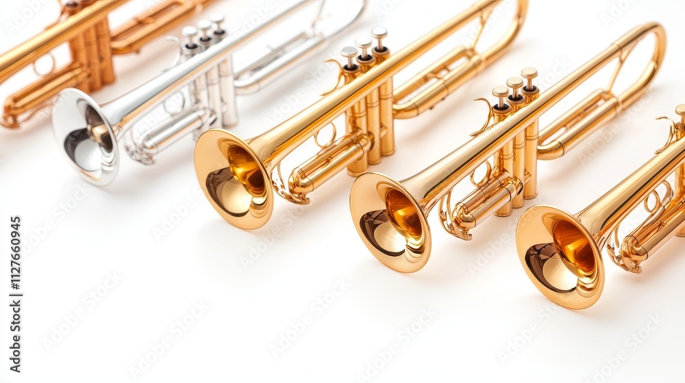 Obraz premium Trumpet close-up, vibrant golden details, white isolated background