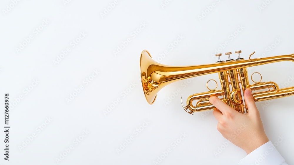 Fototapeta premium Trumpet close-up, vibrant golden details, white isolated background