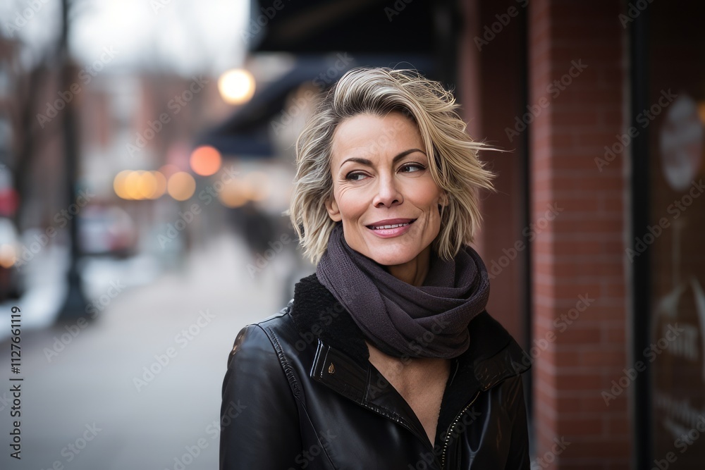 Portrait of a beautiful blond woman in a black leather jacket and scarf. Portrait of a beautiful blond woman in a black leather jacket and scarf.