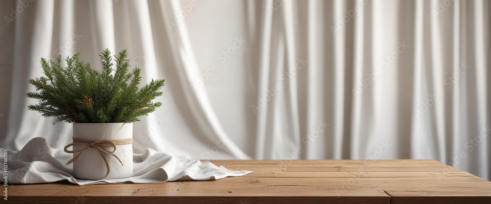 Stylish white Christmas package on wooden table with pine branch and fabric curtain, winter season, decorative elements Stylish white Christmas package on wooden table with pine branch and fabric curtain, winter season, decorative elements