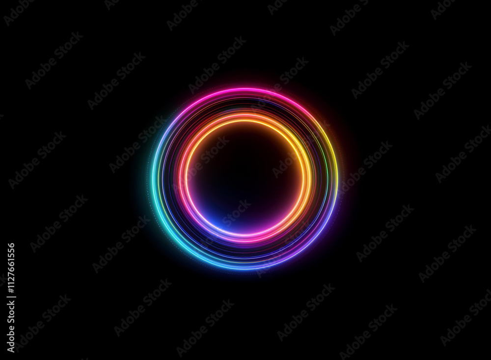 Vibrant, concentric neon circles glow against a stark black background. The rainbow hues create a mesmerizing effect. Vibrant, concentric neon circles glow against a stark black background. The rainbow hues create a mesmerizing effect.