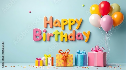 Colorful child birthday card with balloons and gifts, with text happy birthday