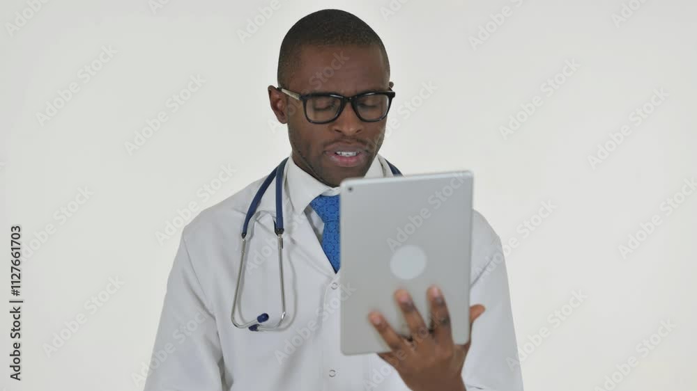 Portrait of African Doctor Doing Video Chat on Tablet on White Background Portrait of African Doctor Doing Video Chat on Tablet on White Background