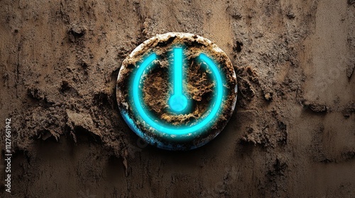 A glowing power symbol encased in dirt, set against a textured background, symbolizes technology or rebooting, Ideal for themes of restoration, innovation, or the digital transformation process,