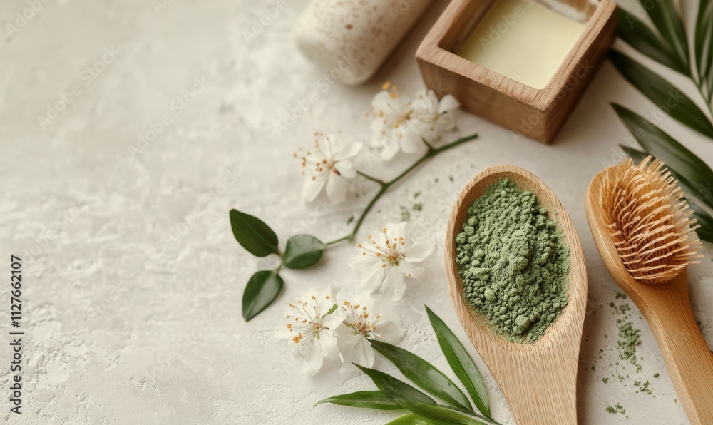 Wooden spoon with matcha powder and botanical elements, spa setting, organic beauty products, minimalist vibe Wooden spoon with matcha powder and botanical elements, spa setting, organic beauty products, minimalist vibe