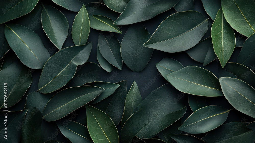 Obraz premium Dark green leaves flat lay background.