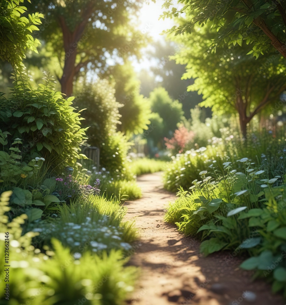 Sunny day garden scene with defocused bokeh and lush foliage, verdant, lush, sunlit, garden Sunny day garden scene with defocused bokeh and lush foliage, verdant, lush, sunlit, garden