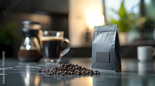 Coffee beans spilling near a black coffee bag and brewed coffee.