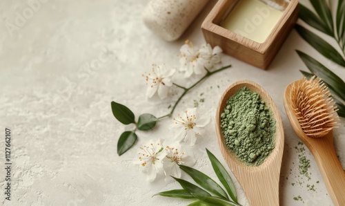 Wallpaper Mural Wooden spoon with matcha powder and botanical elements, spa setting, organic beauty products, minimalist vibe Torontodigital.ca