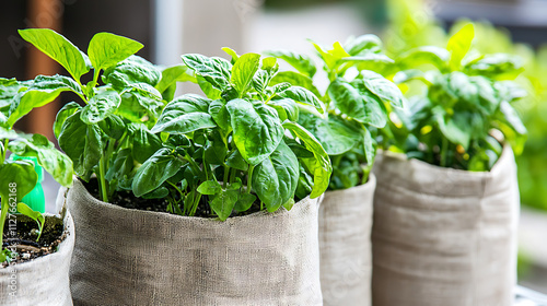 Growing vegetables in fabric grow bags creates vibrant garden scene photo