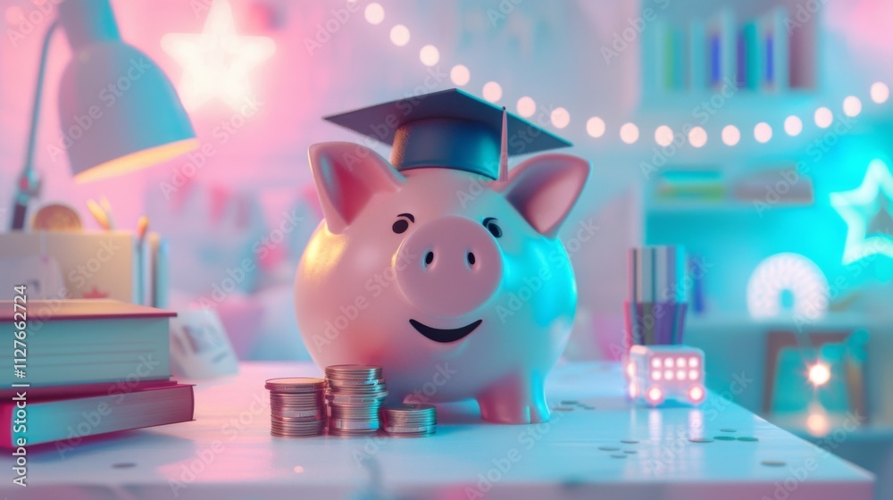 Piggy bank with graduation cap symbolizes saving for education and student loans. Piggy bank with graduation cap symbolizes saving for education and student loans.