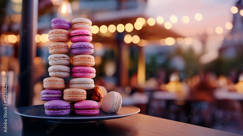 Colorful macarons stacked on a plate at sunset. Colorful macarons stacked on a plate at sunset.