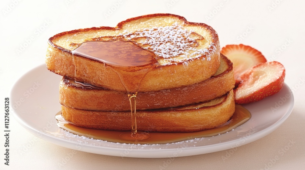 Stack of French toast drizzled with syrup, dusted with powdered sugar, resting on a white plate, creating a comforting brunch scene Stack of French toast drizzled with syrup, dusted with powdered sugar, resting on a white plate, creating a comforting brunch scene
