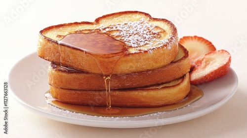 Stack of French toast drizzled with syrup, dusted with powdered sugar, resting on a white plate, creating a comforting brunch scene