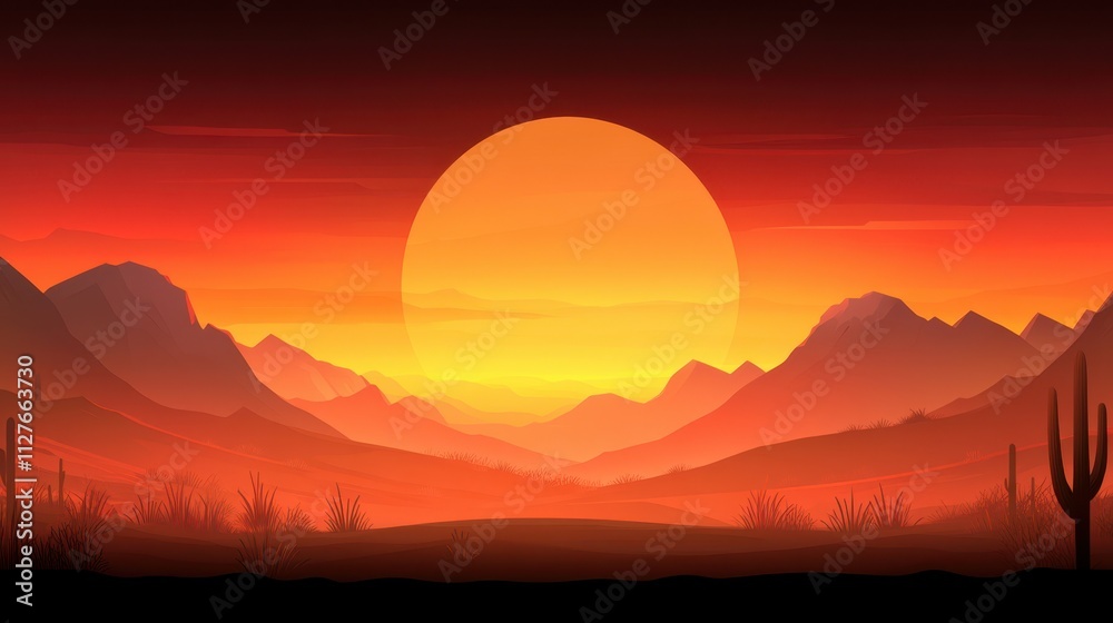 A vibrant sunset over a desert landscape features silhouetted mountains and cacti, creating a serene atmosphere, Ideal for backgrounds in nature projects, travel marketing, or relaxation themes, A vibrant sunset over a desert landscape features silhouetted mountains and cacti, creating a serene atmosphere, Ideal for backgrounds in nature projects, travel marketing, or relaxation themes,