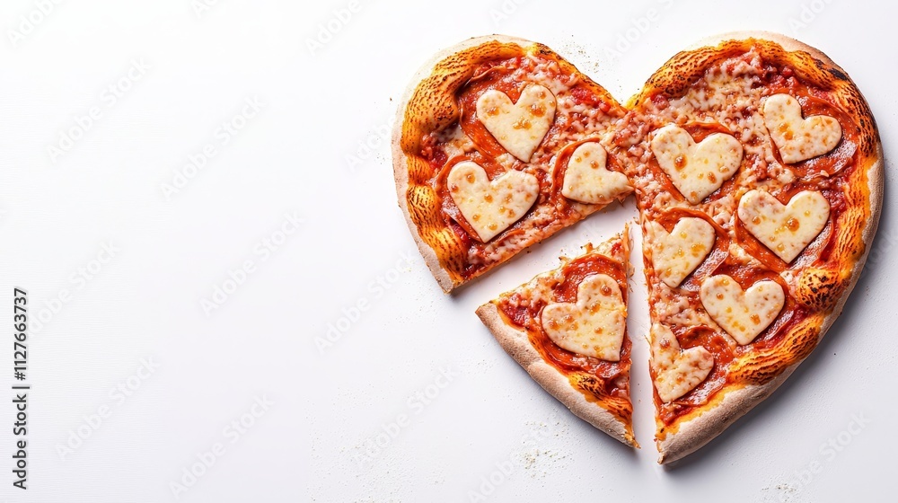 Top view of a pizza with heart-shaped cheese toppings, vibrant and crispy crust, isolated on a pure white background, ideal for romantic food concepts Top view of a pizza with heart-shaped cheese toppings, vibrant and crispy crust, isolated on a pure white background, ideal for romantic food concepts