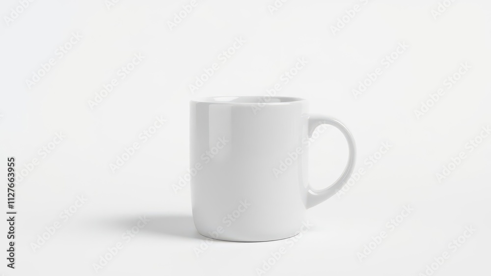Obraz premium Minimalist white ceramic mug mockup with a sleek handle and smooth curved edges on a light gray background, light gray, smooth, curved