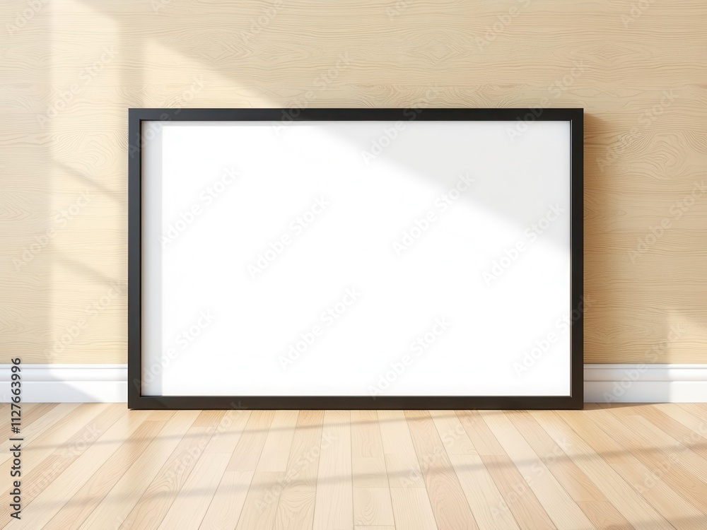 Minimalist wooden floor mockup with an empty frame for artwork or designs, presentation, template, frame Minimalist wooden floor mockup with an empty frame for artwork or designs, presentation, template, frame