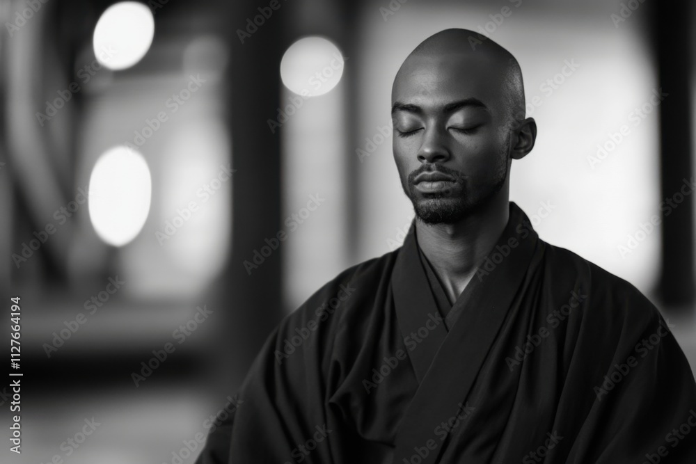 Monk in meditation in ethereal natural light, serene expression , with copy space Monk in meditation in ethereal natural light, serene expression , with copy space