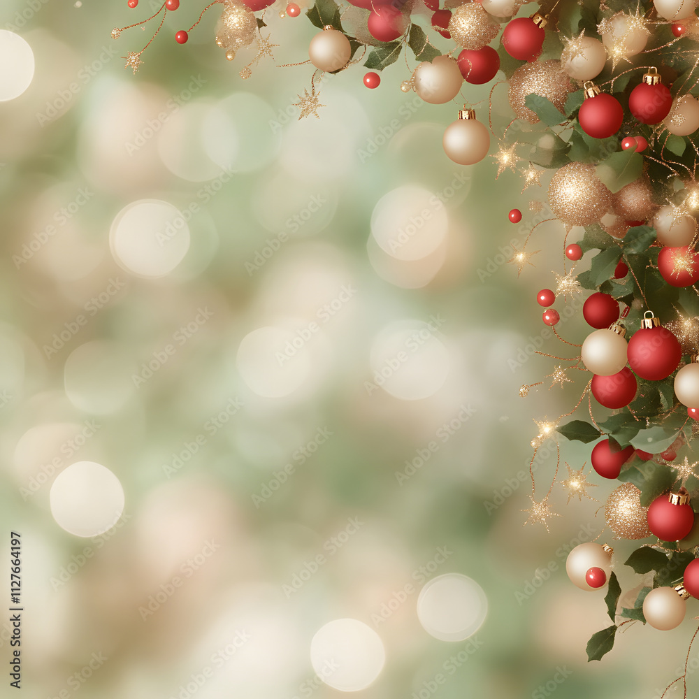 Vibrant green and red Christmas bokeh with festive ornaments and lights Vibrant green and red Christmas bokeh with festive ornaments and lights
