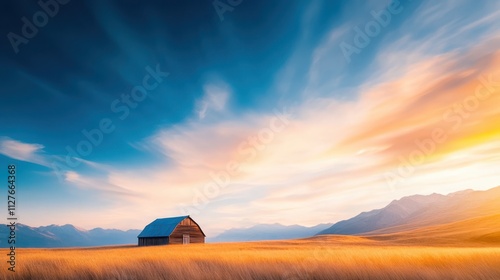 A serene landscape featuring a rustic barn surrounded by golden grass and mountains under a vibrant sky, Ideal for nature themes, rural lifestyle, or countryside tranquility in marketing materials, photo