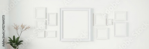 Modern gallery wall mockup with various photo frames in different sizes and styles against a white wall, interior, modern, mockup