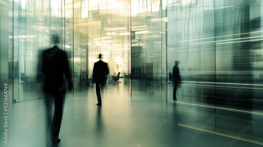 Blurry Figures Walking Through Modern Glass Building Blurry Figures Walking Through Modern Glass Building