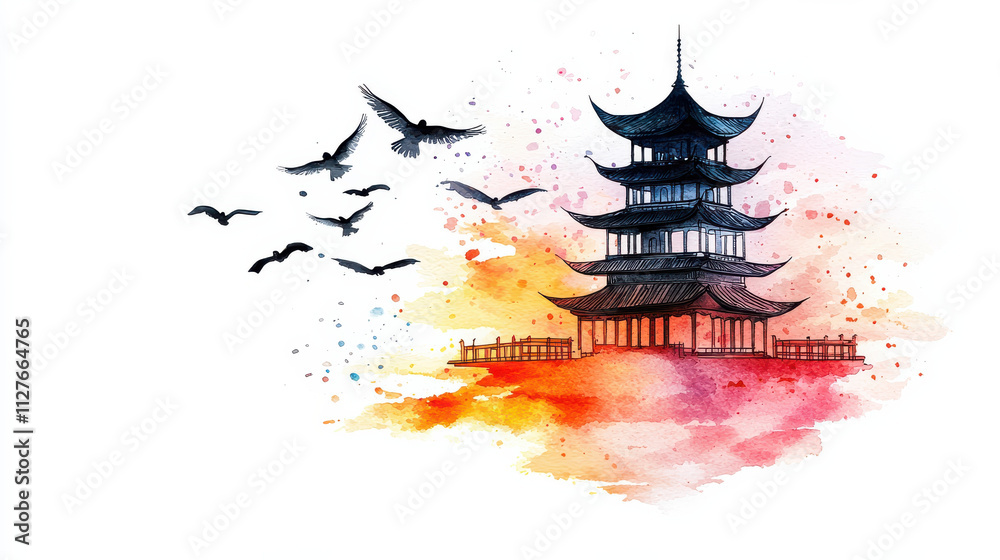 Obraz premium beautiful pagoda silhouette with birds flying at sunset