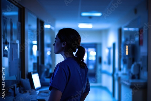 Nurse during night shift in low-key hospital lighting, fatigue and dedication visible , with copy space photo