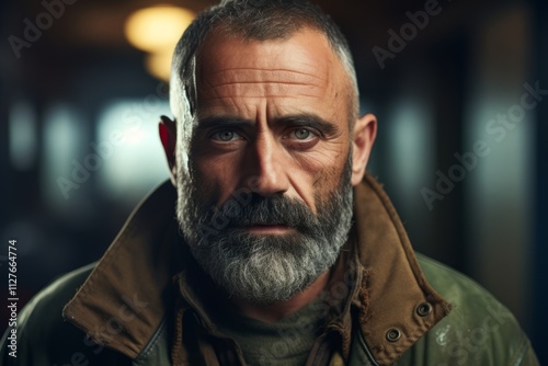 Portrait of a bearded man in a green jacket. Men's beauty, fashion.