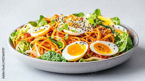 Delicious Korean bibim guksu, cold spicy noodle dish topped with eggs, greens, and sesame seeds, perfect for refreshing meal photo