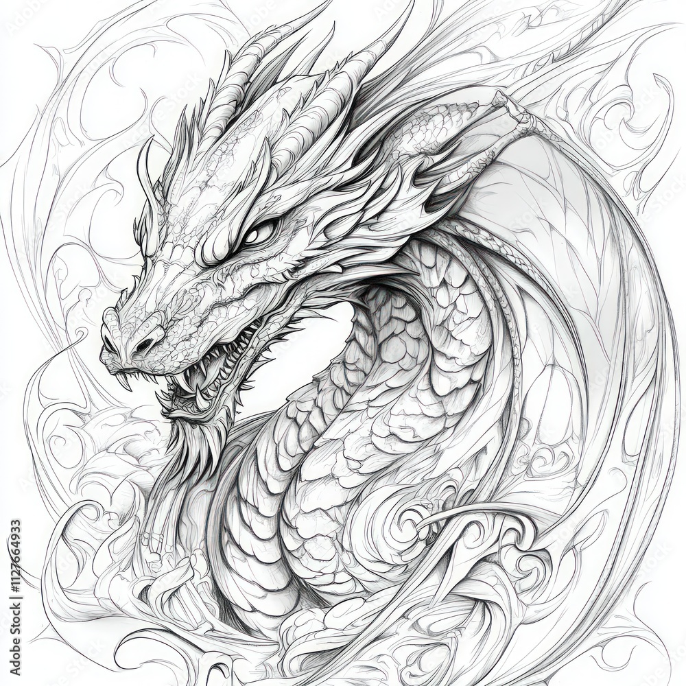 Intricate line drawing of a majestic dragon. Intricate line drawing of a majestic dragon.