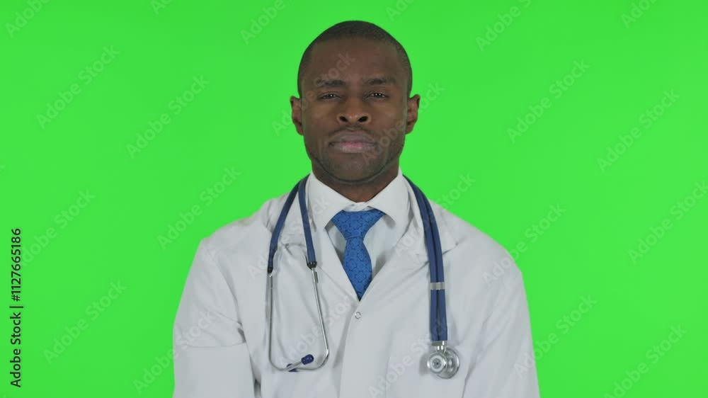 Portrait of African Doctor with Thumbs Down on Green Background Portrait of African Doctor with Thumbs Down on Green Background