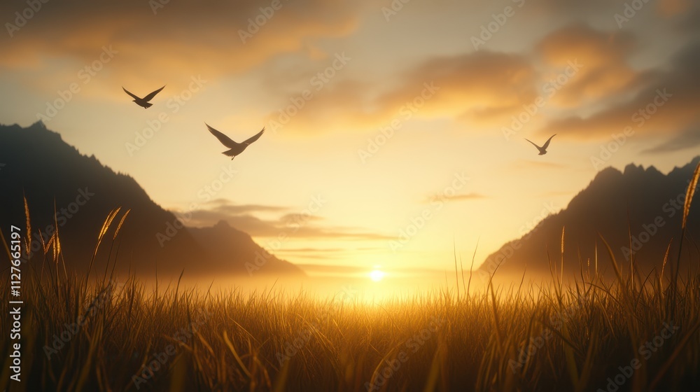 A tranquil sunset scene featuring birds in flight over a golden, grassy field with mountains in the background, Ideal for projects related to nature, tranquility, or outdoor adventures, A tranquil sunset scene featuring birds in flight over a golden, grassy field with mountains in the background, Ideal for projects related to nature, tranquility, or outdoor adventures,