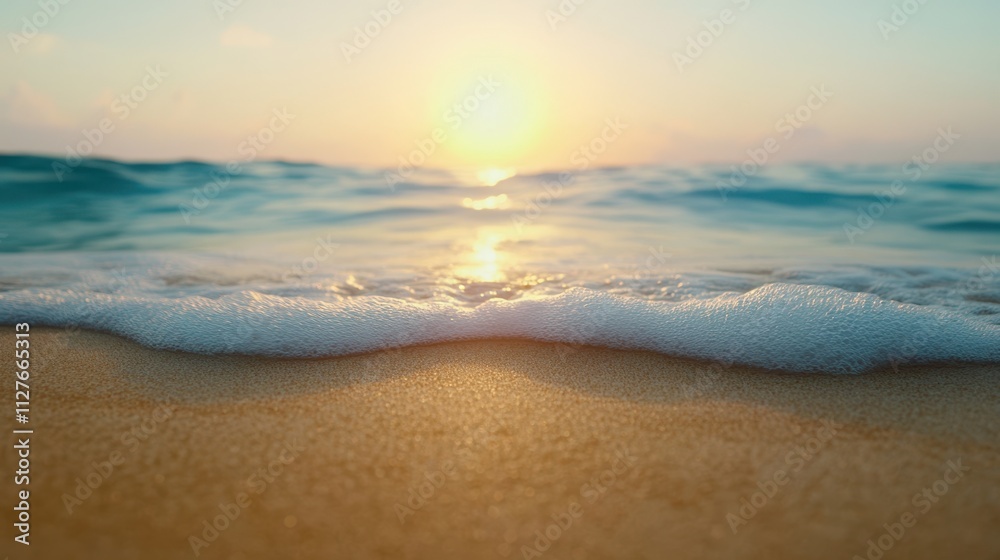 A tranquil beach scene captures gentle waves lapping against the shore at sunset, creating a serene atmosphere ideal for relaxation or vacation-themed projects, promotional materials A tranquil beach scene captures gentle waves lapping against the shore at sunset, creating a serene atmosphere ideal for relaxation or vacation-themed projects, promotional materials