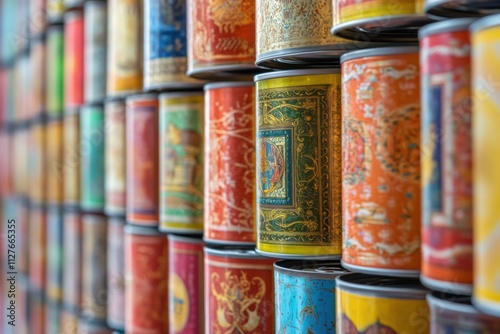 Pop art soup cans in medieval manuscript style, illuminated manuscript lighting, fine detail, with copy space photo