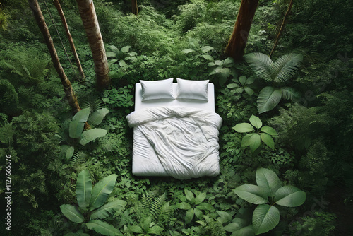 a bed sitting in the middle of a lush green forest, white bedding linen, sleeping comfort issue, photo