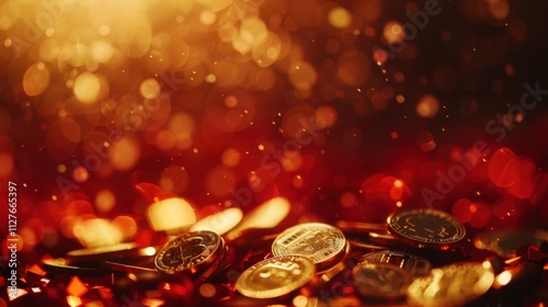 Golden coins close up with festive redgold backdrop photo