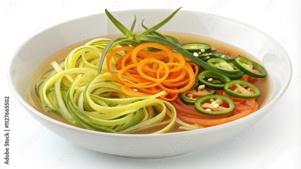 An artistic focus on vibrant yellow and orange carrots spiraled alongside the green zoodles harmonizing in a bowl of savory miso broth. The sheen of the broth reflects the An artistic focus on vibrant yellow and orange carrots spiraled alongside the green zoodles harmonizing in a bowl of savory miso broth. The sheen of the broth reflects the